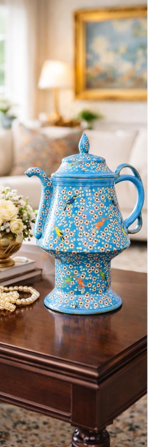 Handcrafted Kashmiri paper mache samavar with gold finish and hand-painted floral and bird motifs for luxury home décorative